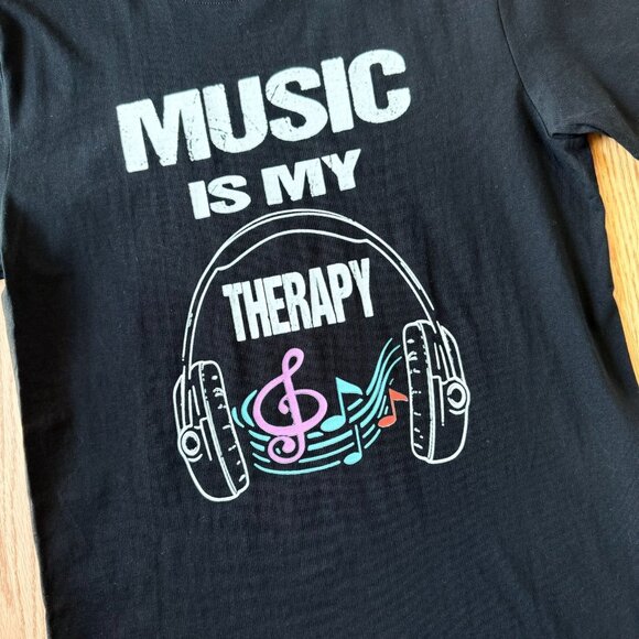 Music Is My Therapy T Shirt Size S Black Graphic Tee Headphones Treble Clef Note - Picture 5 of 12